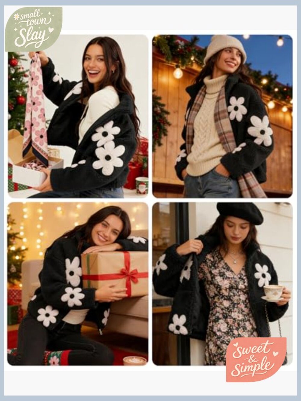 Floral Sherpa Fleece Jacket Cropped Zip Up Long Sleeve Winter Coat - Picture 6 of 7